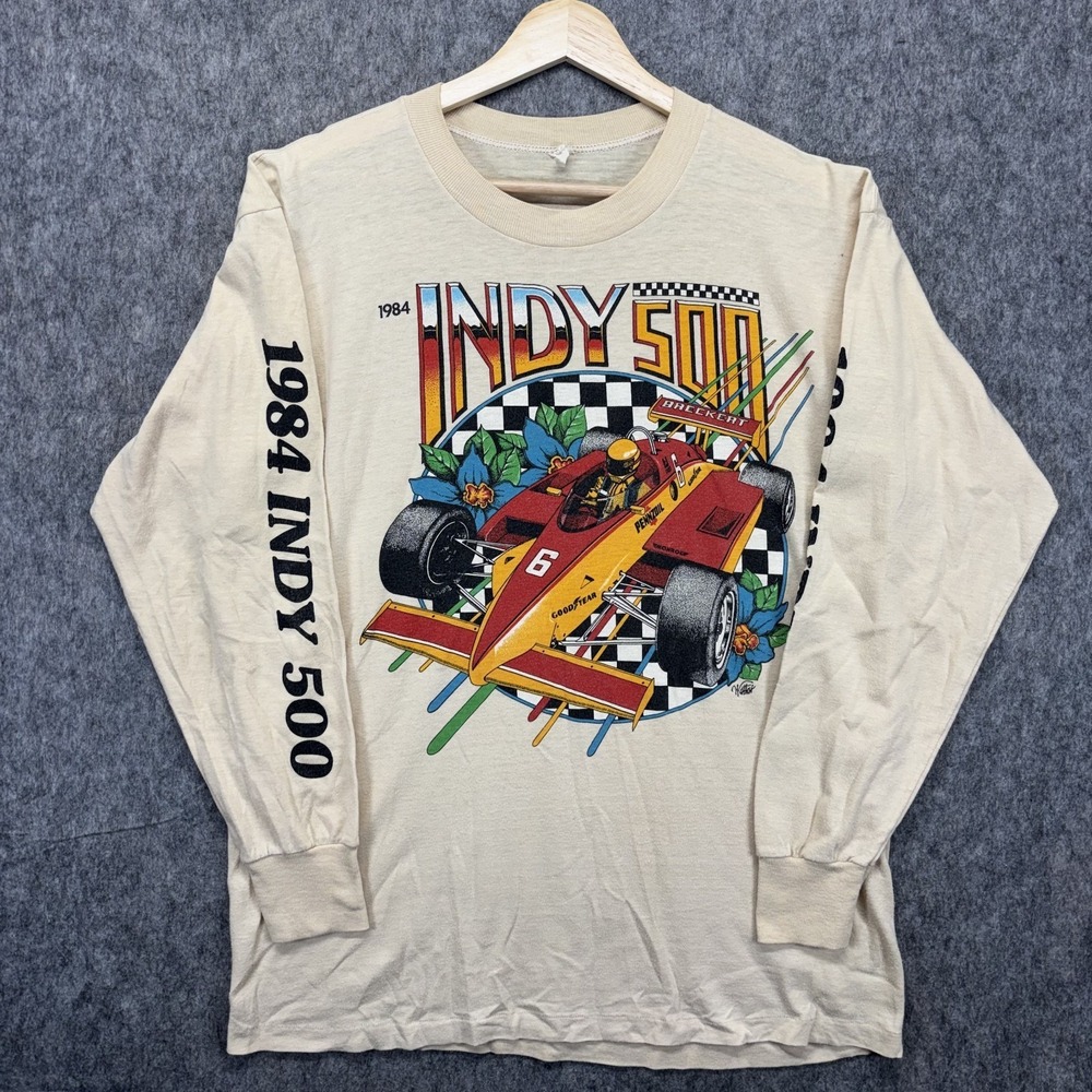 True Vintage 1984 Indianapolis 500 Long Sleeve T-Shirt Cream Large NASCAR USA